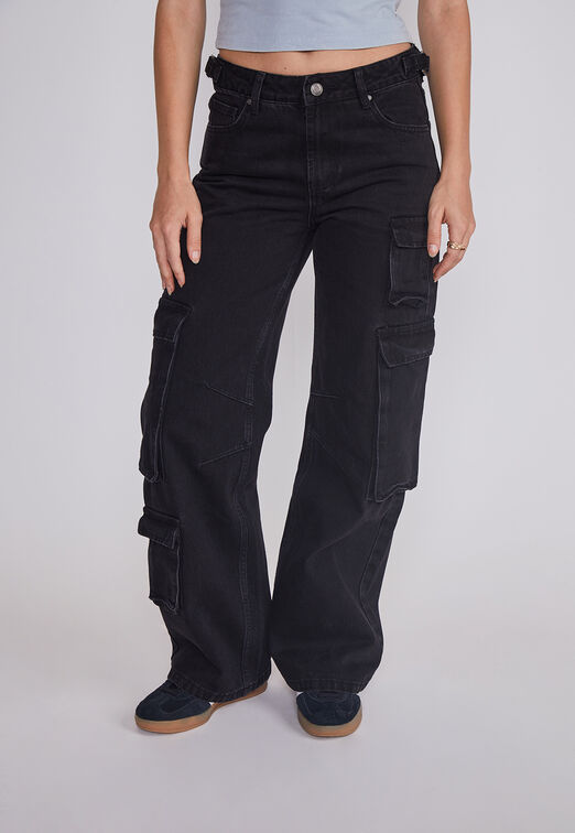 Jeans Mujer Cargo Ajustador Negro Sioux