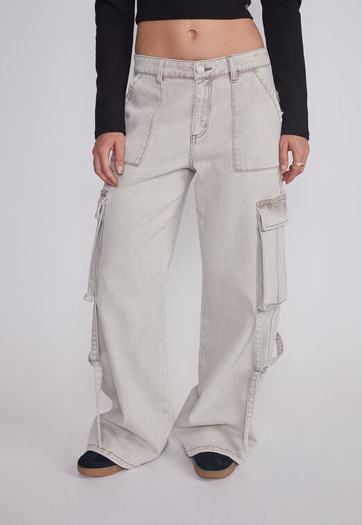 Jeans Mujer Cargo Tiras Gris Sioux
