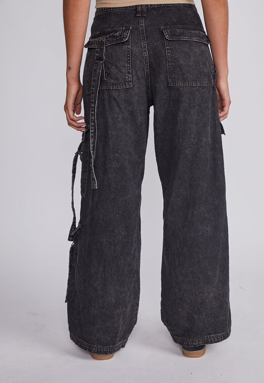 Jeans Mujer Negro Cargo Tiras Sioux