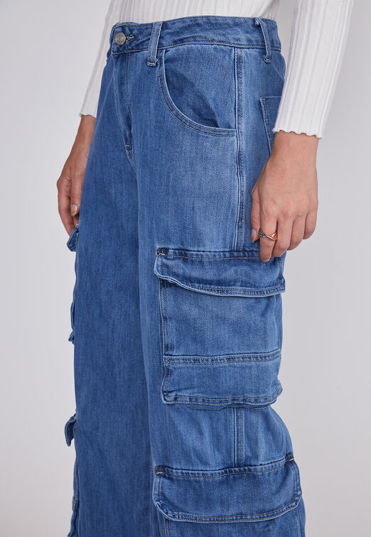 Jeans Mujer Cargo Wide Leg Azul Sioux