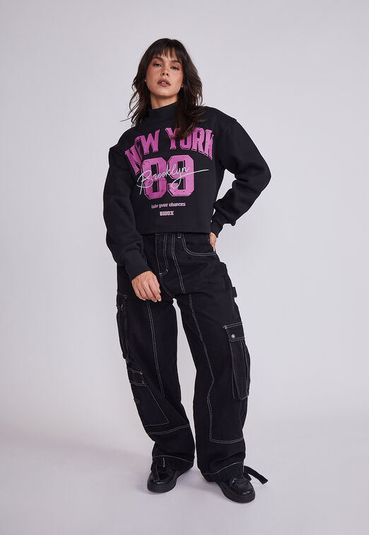 Poleron Mujer Negro Corto Estampado Sioux