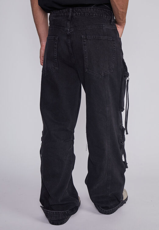 Jeans Hombre Multicargo Y Cierres Negro Sioux