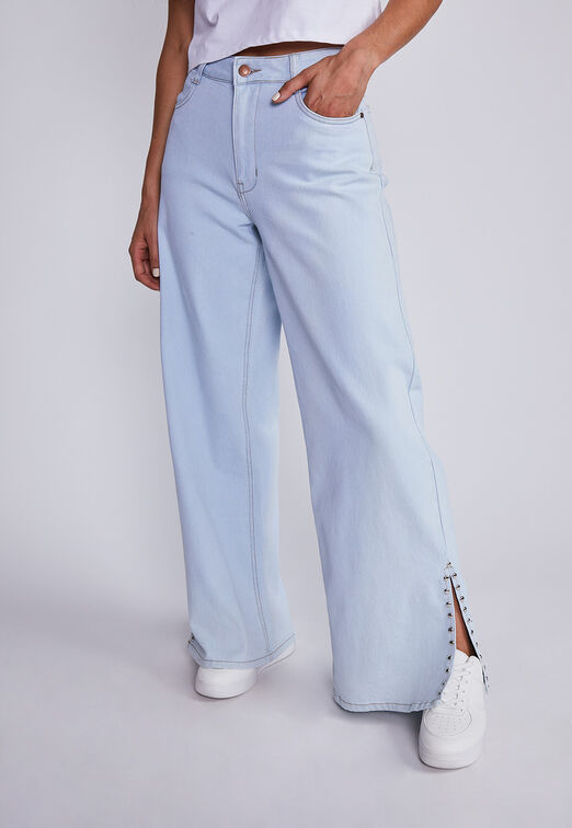 Jeans Mujer Azul Wide Leg Tachas Costado Sioux