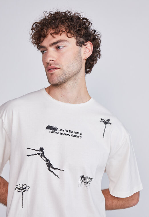 Polera Hombre Plantas Bordadas Crudo Sioux
