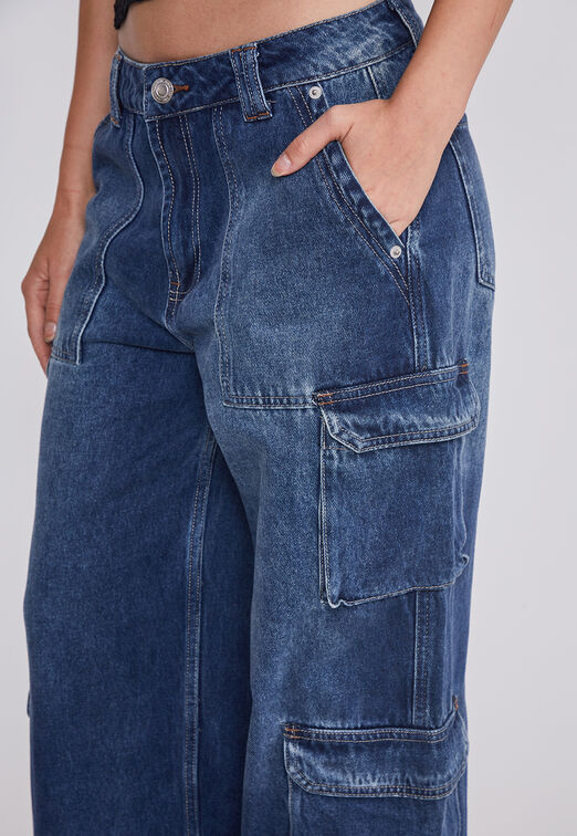 Jeans Mujer Wide Leg Cargo Azul Sioux