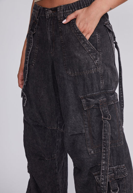 Jeans Mujer Negro Cargo Tiras Sioux