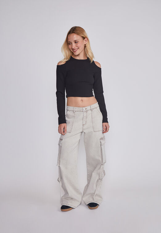 Jeans Mujer Cargo Tiras Gris Sioux