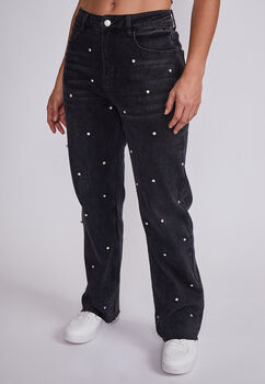 Jeans Mujer Negro Mom Con Strass Grandes Sioux