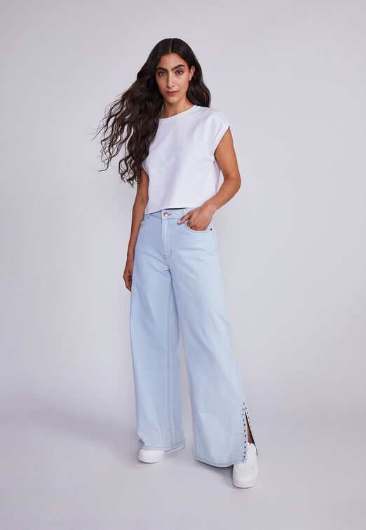 Jeans Mujer Azul Wide Leg Tachas Costado Sioux