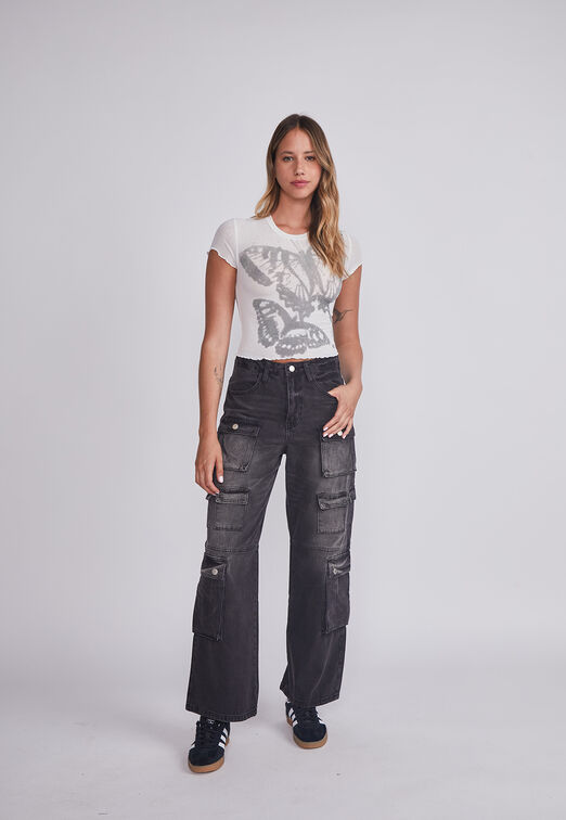 Jeans Mujer Negro Cargo Sioux