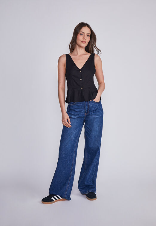 Blusa Mujer Negro Corte Y Vuelos Sioux