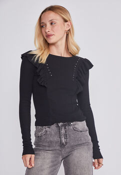 Polera Mujer Vuelos Delantero Negro Sioux