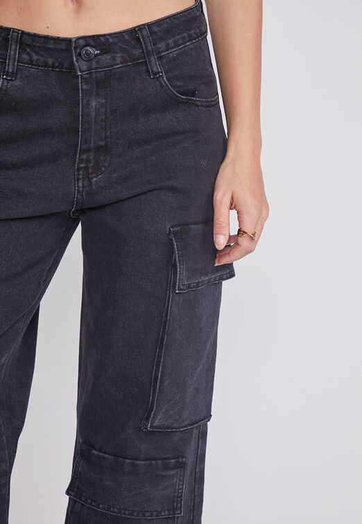 Jeans Mujer Cargo Multibolsillos Negro Sioux
