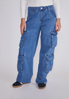 Jeans Mujer Cargo Wide Leg Azul Sioux