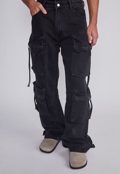 Jeans Hombre Multicargo Y Cierres Negro Sioux
