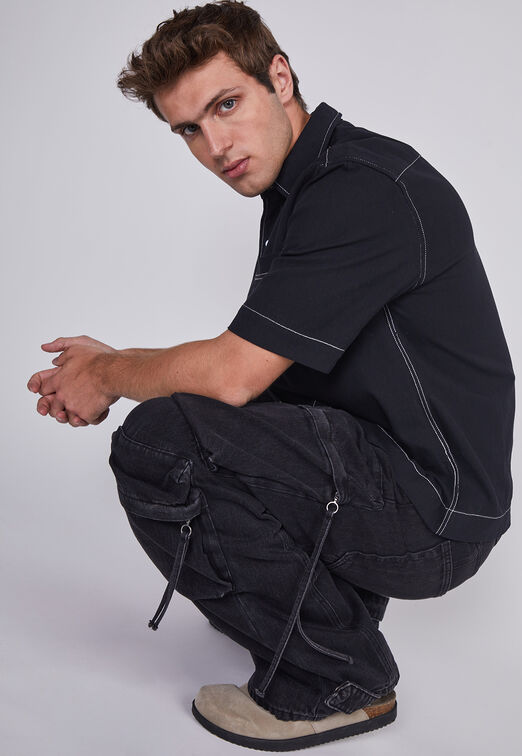 Jeans Hombre Multicargo Y Cierres Negro Sioux