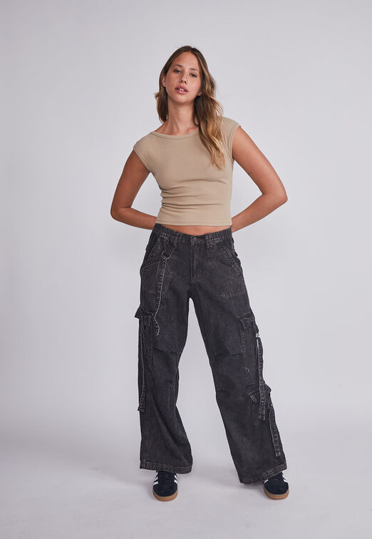 Jeans Mujer Negro Cargo Tiras Sioux
