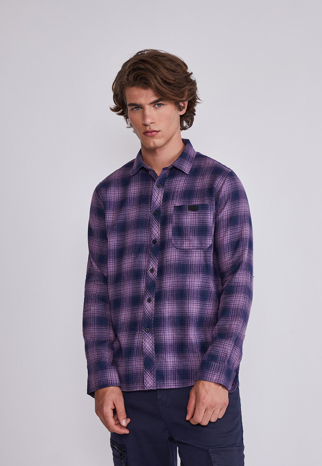 Camisa Hombre Morado Cuadros Con Botones Sioux