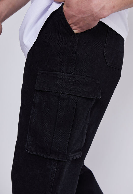 Jeans Hombre Negro Baggy Cargo 6 Bolsillos Sioux
