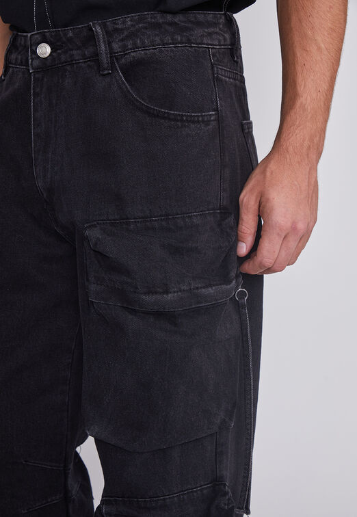 Jeans Hombre Multicargo Y Cierres Negro Sioux