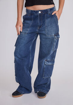 Jeans Mujer Wide Leg Cargo Azul Sioux