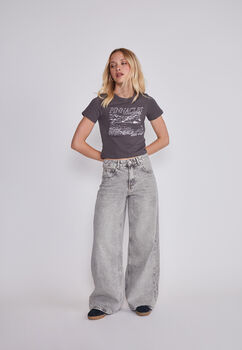 Jeans Mujer Wide Leg Desgastado Gris Sioux