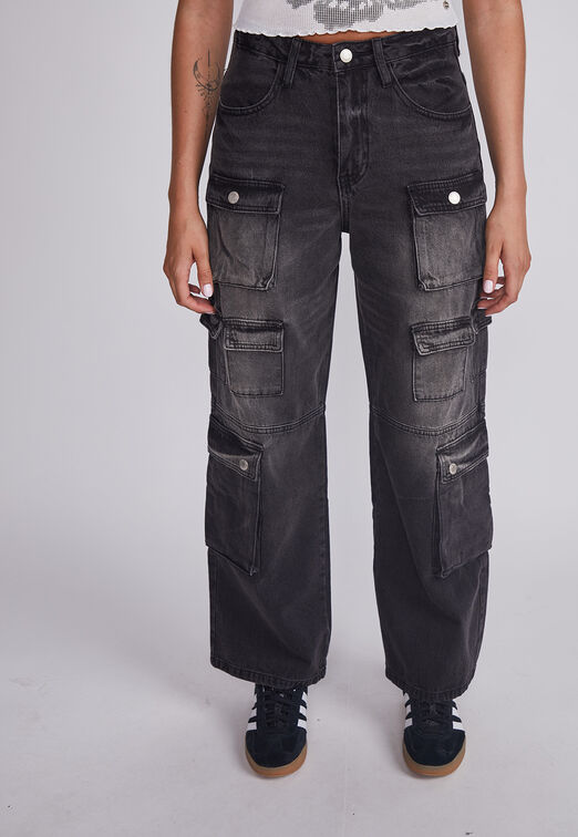Jeans Mujer Negro Cargo Sioux