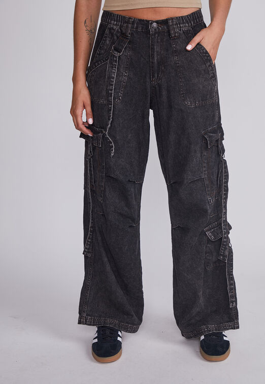 Jeans Mujer Negro Cargo Tiras Sioux
