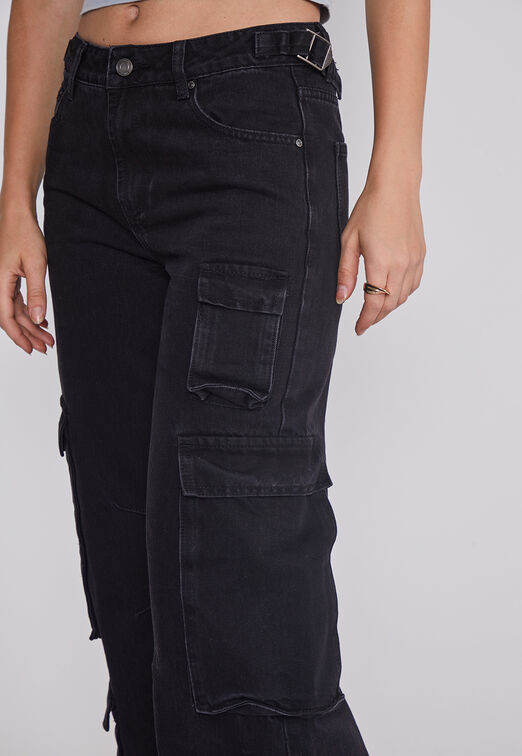 Jeans Mujer Cargo Ajustador Negro Sioux