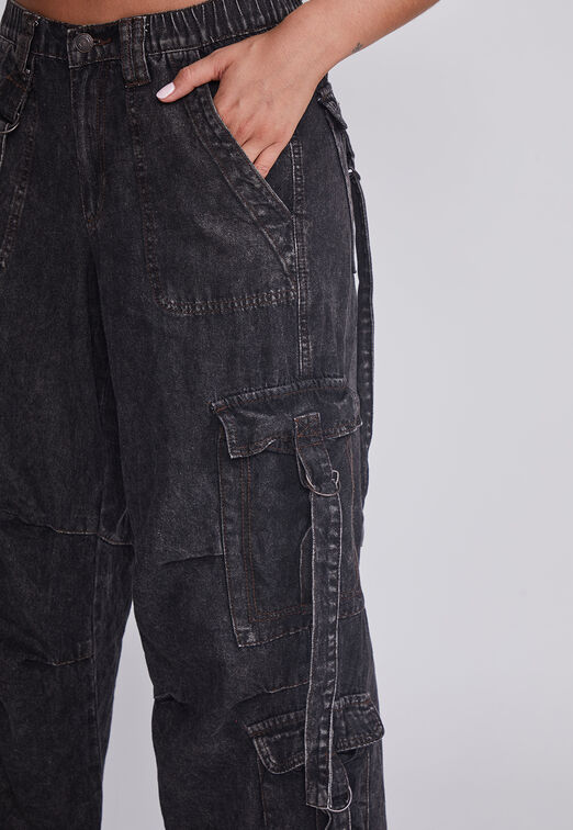 Jeans Mujer Negro Cargo Tiras Sioux
